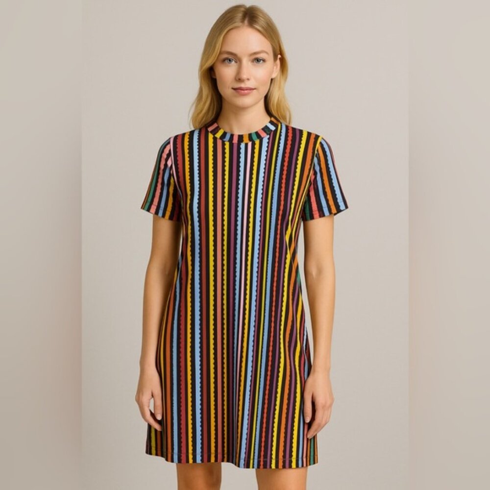 Todd Oldham Maker Shop Small Vertical Stripe T-Shirt Dress Rainbow Size M/L